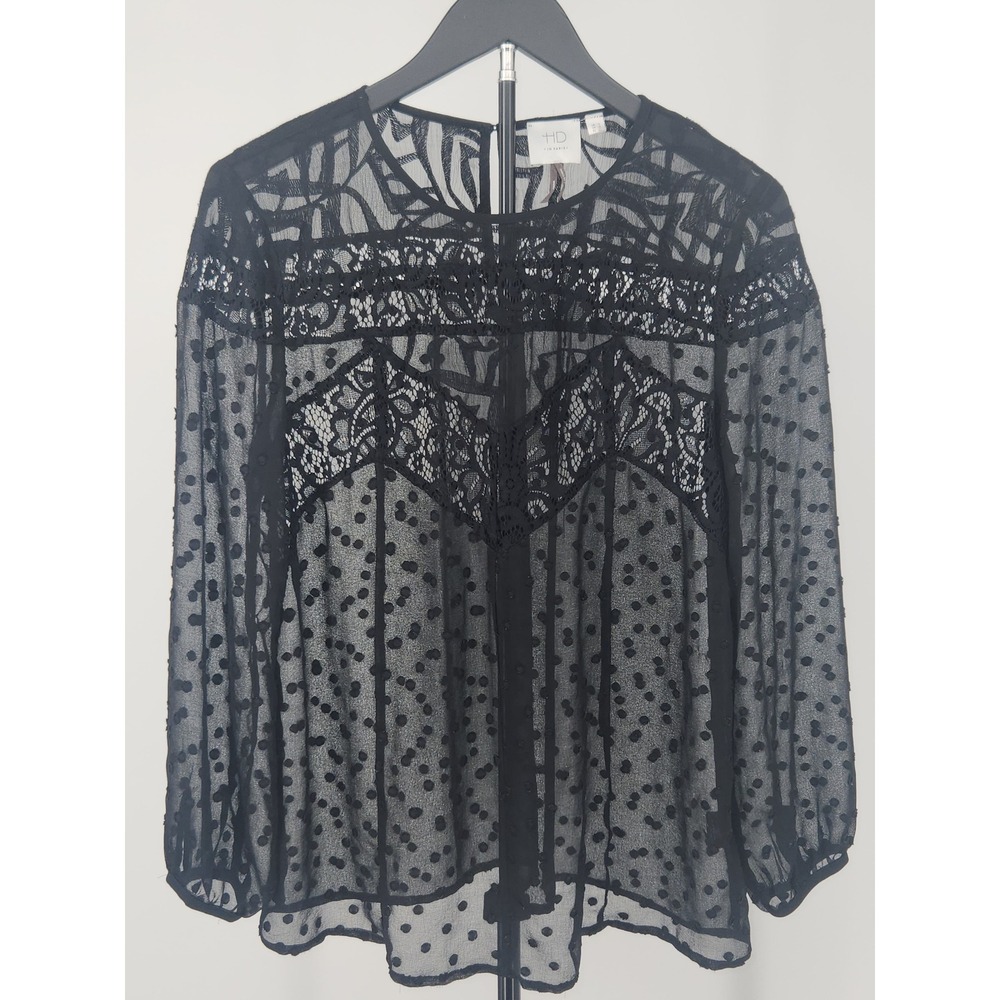 HD in Paris Anthropologie Black Lace Swiss Dot Sheer Blouse Top US 10